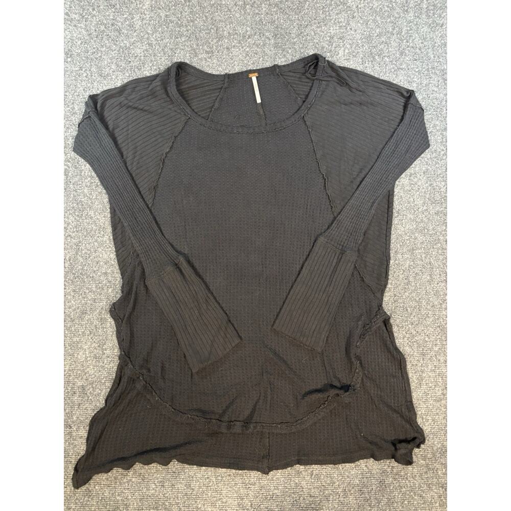 Free People Ventura High/Low Thermal Top Size Large Women's Black Long Sleeve